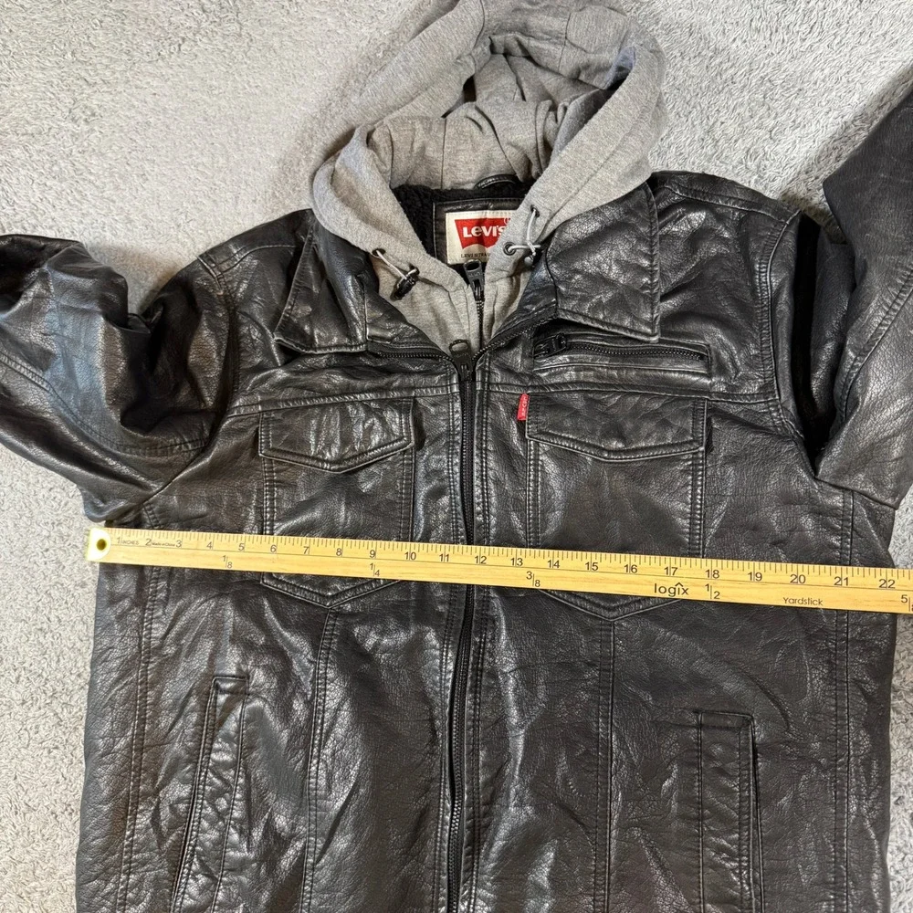 Levi's Mens Faux Leather Hooded Jacket Medium Black Faux Fur Lined Moto Coat